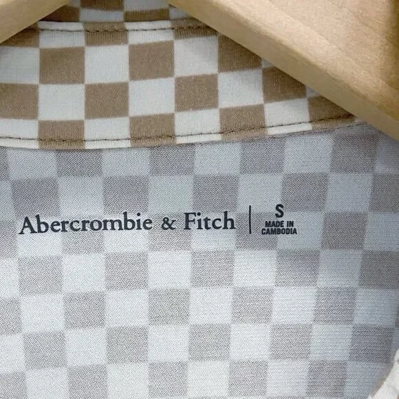 Abercrombie & Fitch Tan & White Checkered Collared Long Sleeve Button-up Top S - Picture 5 of 10
